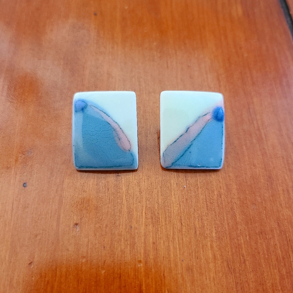 Vintage Ceramic Rectangle Tile Earrings- Blue, Gray, & Pink